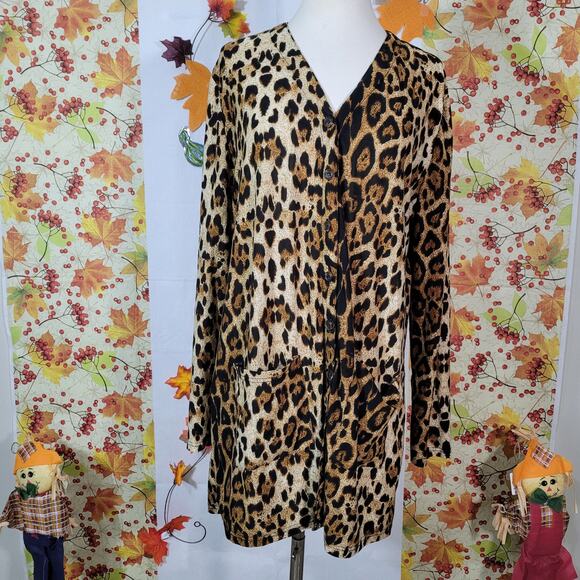 Women's Multicolor Leopard Animal Print Button Front Sweater Pockets Size XXL - Picture 2 of 7